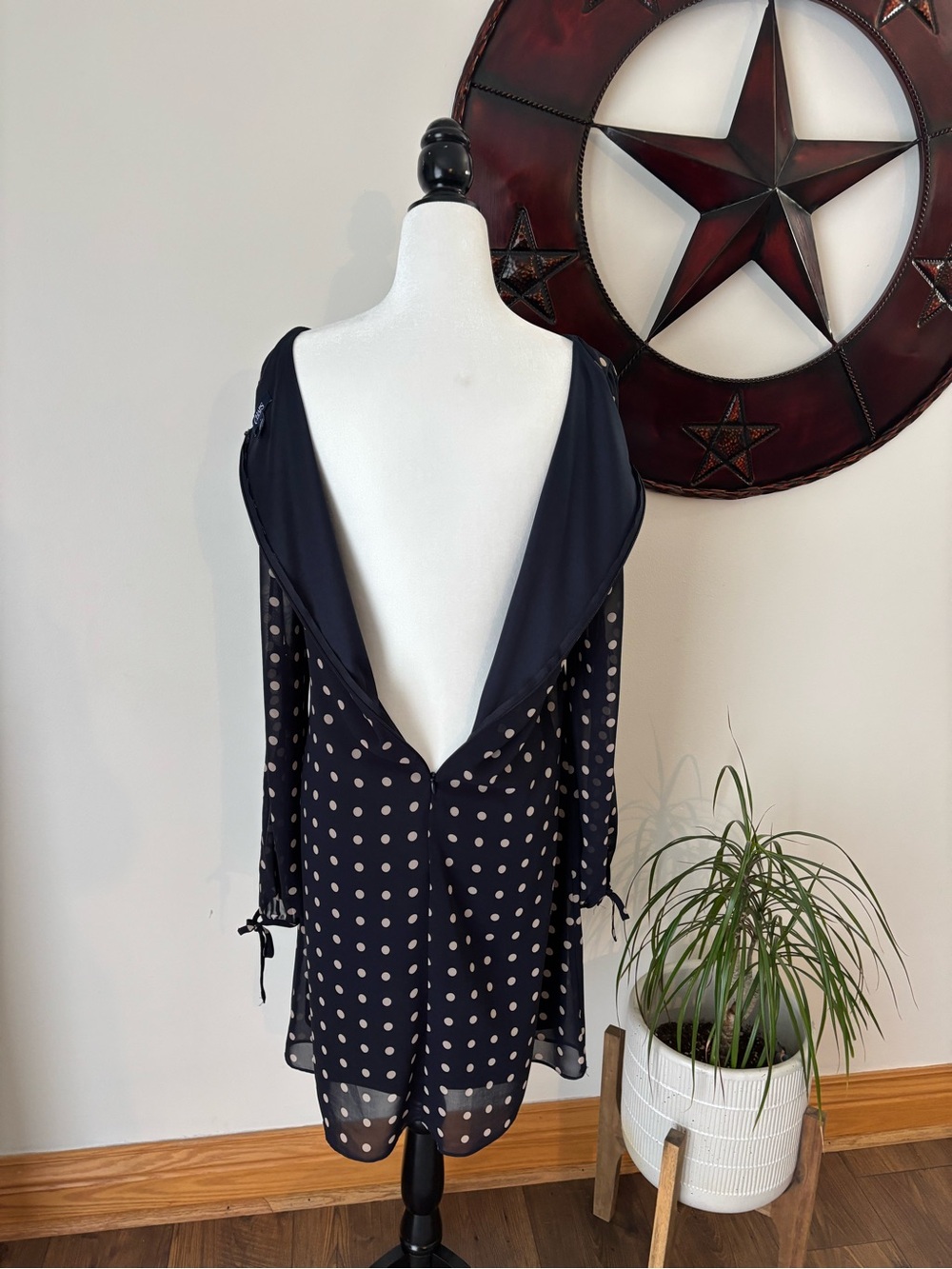 Chaps Polka Dot Feminine Navy Crewneck Dress with Sheer Tie-Up Sleeves Sz 8 - Picture 5 of 7